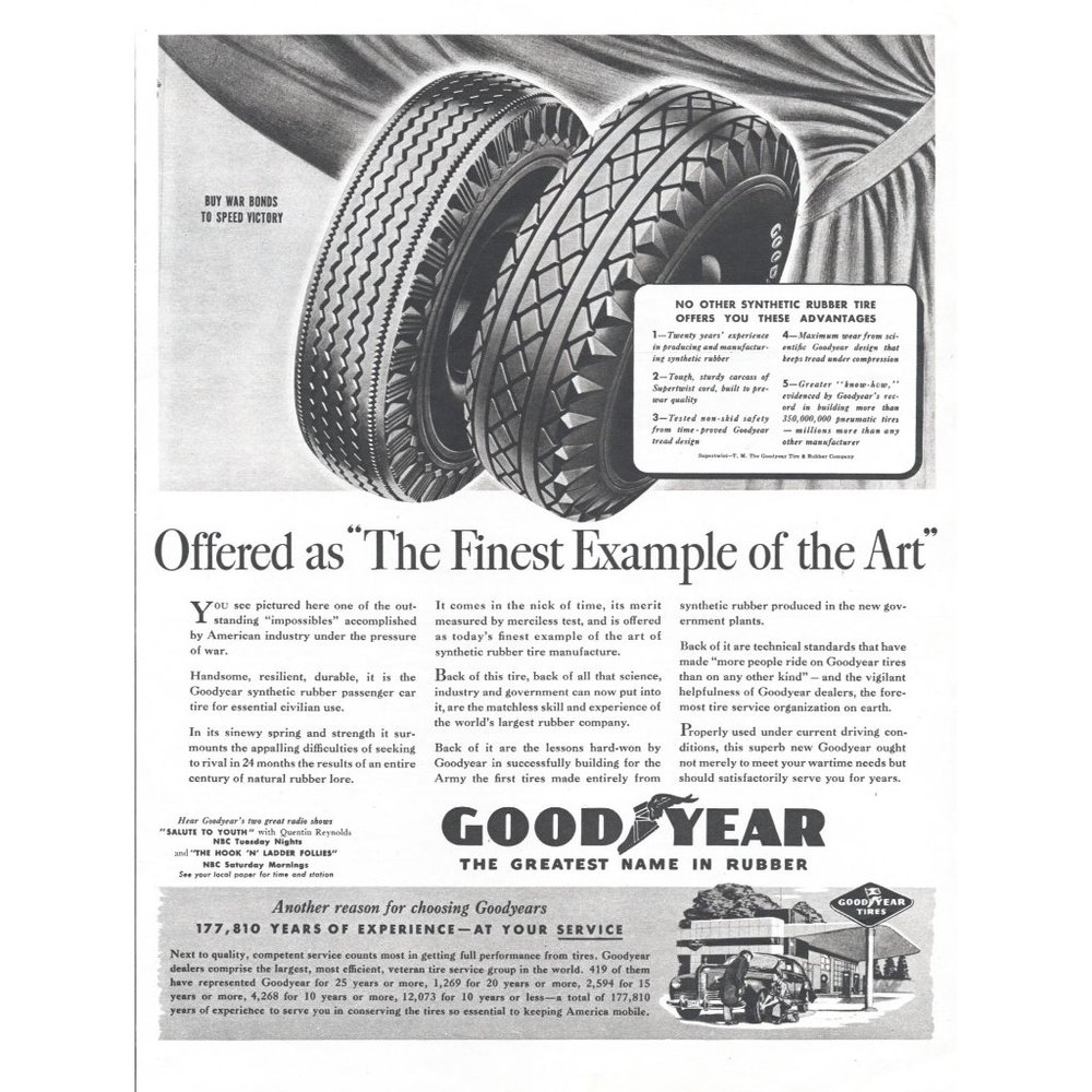 1944 Goodyear Tires Vintage Print Ad Synthetic Rubber Tire War Bond WW2 Wall Art